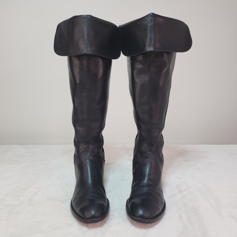 Whimsigoth Equestrian Black Leather Knee High Boots 7 Steampunk Gold Glam Goth - Picture 5 of 14